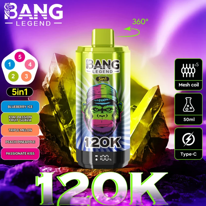 Bang Legend 120k Vape 120 000 zaciągnięć: Jagoda, Lód, Kiwi, Marakuja, Guawa, Potrójny Melon, Brzoskwinia, Ananas, Namiętny Pocałunek.j