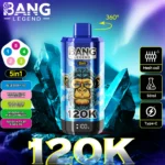 Bang Legend 120k Vape 120 000 zaciągnięć: Jagoda z lodem, Arbuz, Guma balonowa, Kwaśne jabłko, Malina, Owoce lotosu, Mango, Melon, Pass
