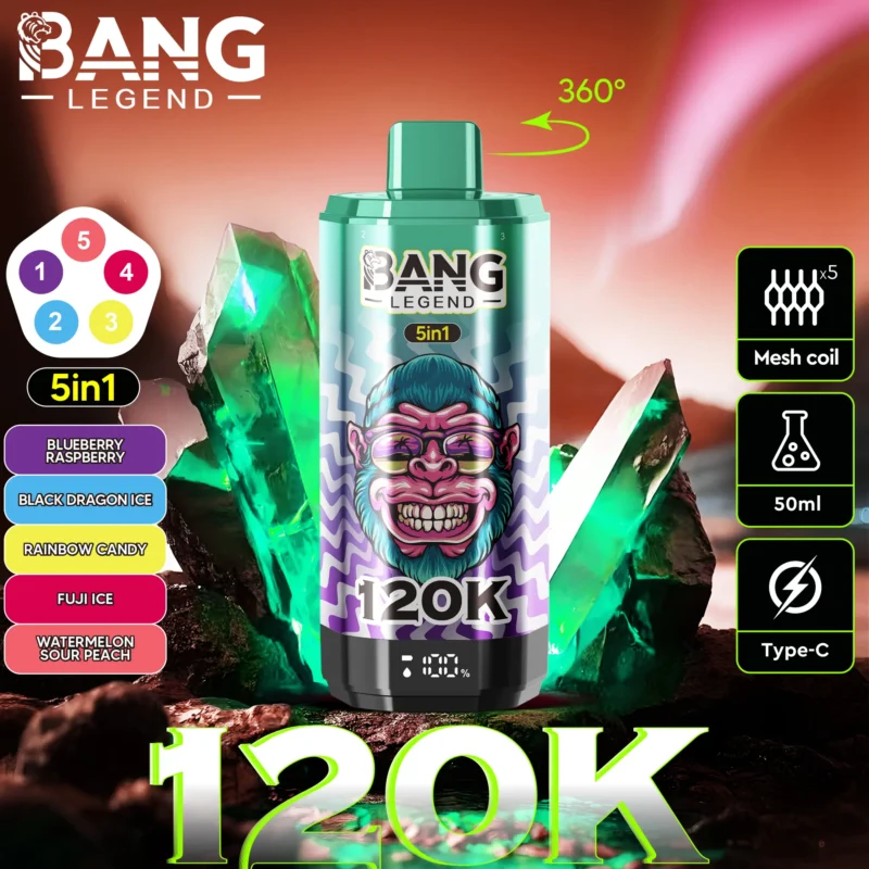 Bang Legend 120k Vape 120 000 zaciągnięć: Jagoda, Malina, Czarny Smok, Lód, Tęczowe Cukierki, Fuji, Arbuz, Kwaśna Brzoskwinia.jpg Dis
