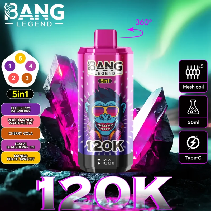 Bang Legend 120k Vape – 120 000 zaciągnięć: jagoda, malina, brzoskwinia, mango, arbuz, wiśnia, cola, winogrono, jeżyna, lód, morela.j