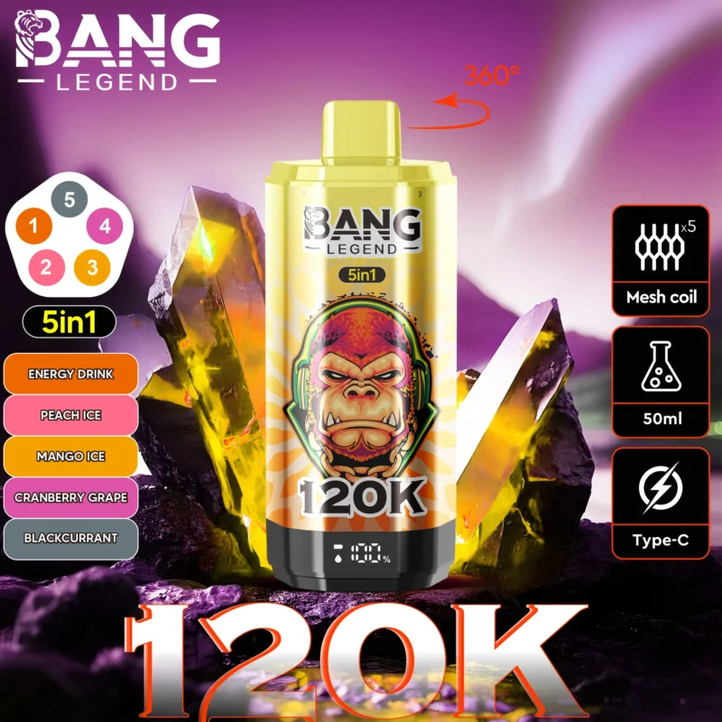 Bang Legend 120k Vape 120 000 zaciągnięć – napój energetyczny, brzoskwinia, mrożony mango, żurawina, winogrono, czarna porzeczka.jpg – urządzenie jednorazowe