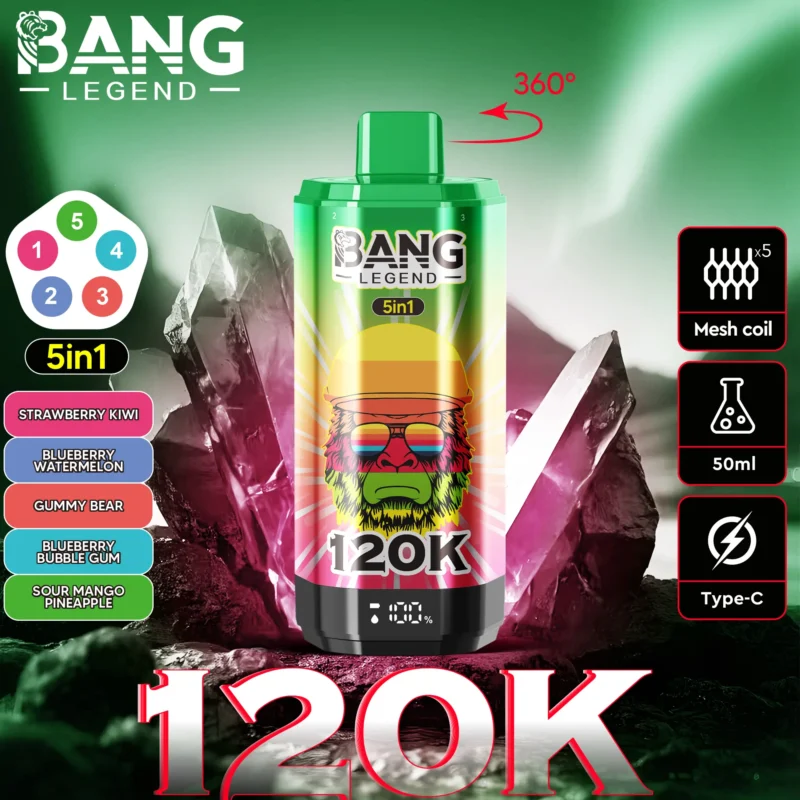 Bang Legend 120k Vape 120 000 zaciągnięć Truskawka Kiwi Jagoda Arbuz Niedźwiedź Krówka Guma balonowa Kwaśne mango Ananas.jpg D