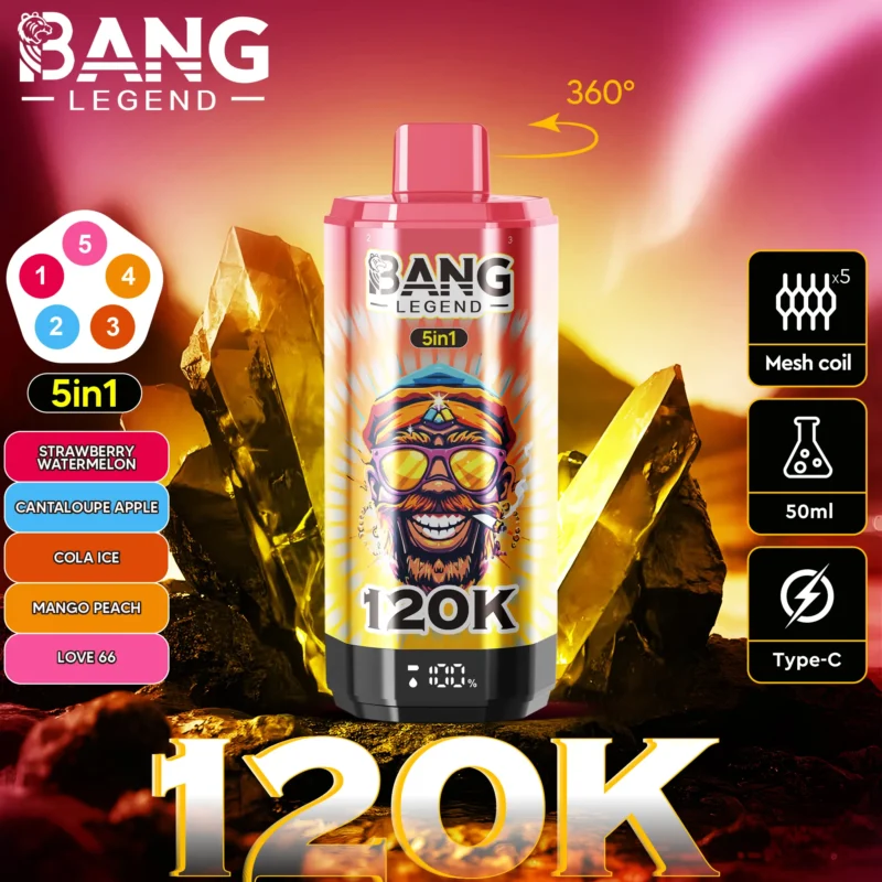 Bang Legend 120k Vape 120 000 zaciągnięć Truskawka Arbuz Melon jabłkowy Cola Ice Mango Brzoskwinia Love 66.jpg Jednorazowy De