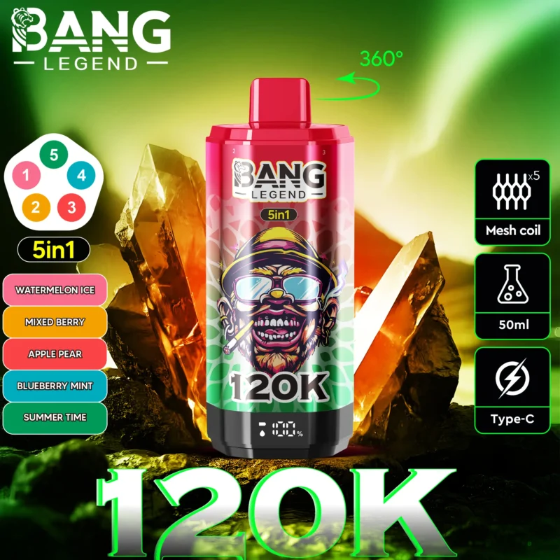 Bang Legend 120k Vape 120 000 zaciągnięć – arbuz z lodem, mieszanka jagód, jabłko, gruszka, borówka, mięta, Summer Time.jpg Jednorazowy