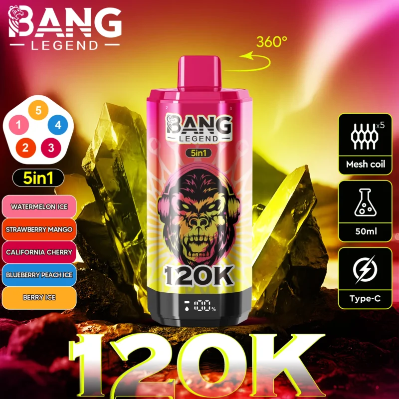 Bang Legend 120k Vape 120 000 zaciągnięć – arbuz, lód, truskawka, mango, kalifornijska wiśnia, jagoda, brzoskwinia, mieszanka jagód, chłodna.jpg – zdjęcie