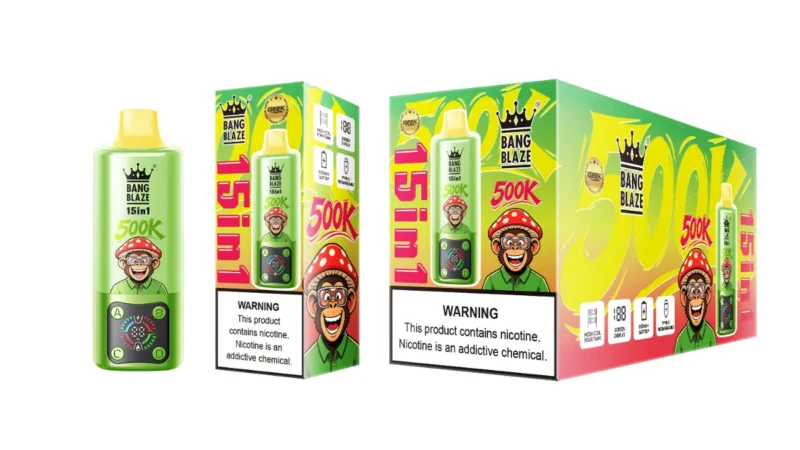 Suvaper Bang Blaze 500 000 drag, engångsprodukt med 500 000 drag, 15-i-1-smaker: jordgubb, kiwi, mango, is, blåbär, mynta, lime, Romance, Wat
