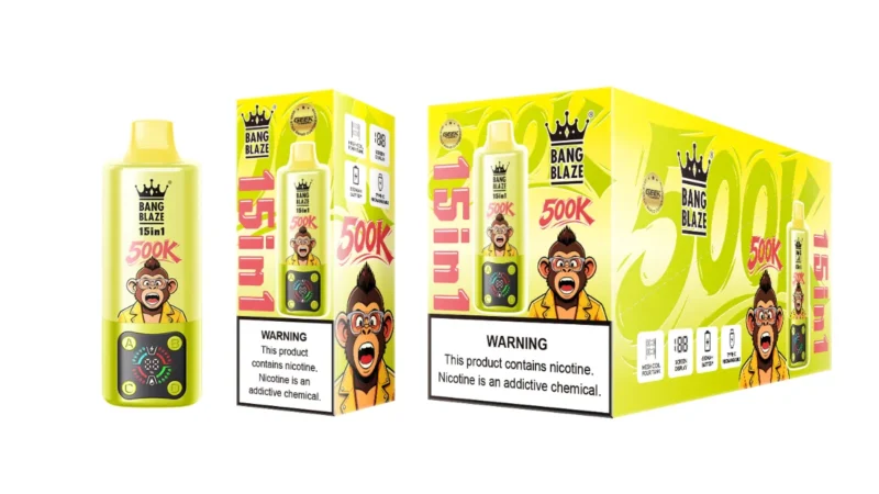 Suvaper Bang Blaze 500 000 bloss, engångsprodukt, 15-i-1-smaker: jordgubbe, vattenmelon, kiwi, passionsfrukt, guava, bär, Cool