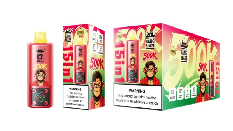 Suvaper Bang Blaze 500 000 drag, engångsprodukt, 15-i-1-smaker: vattenmelon, is, regnbågsgodis, passionsfrukt, mango, blåbär